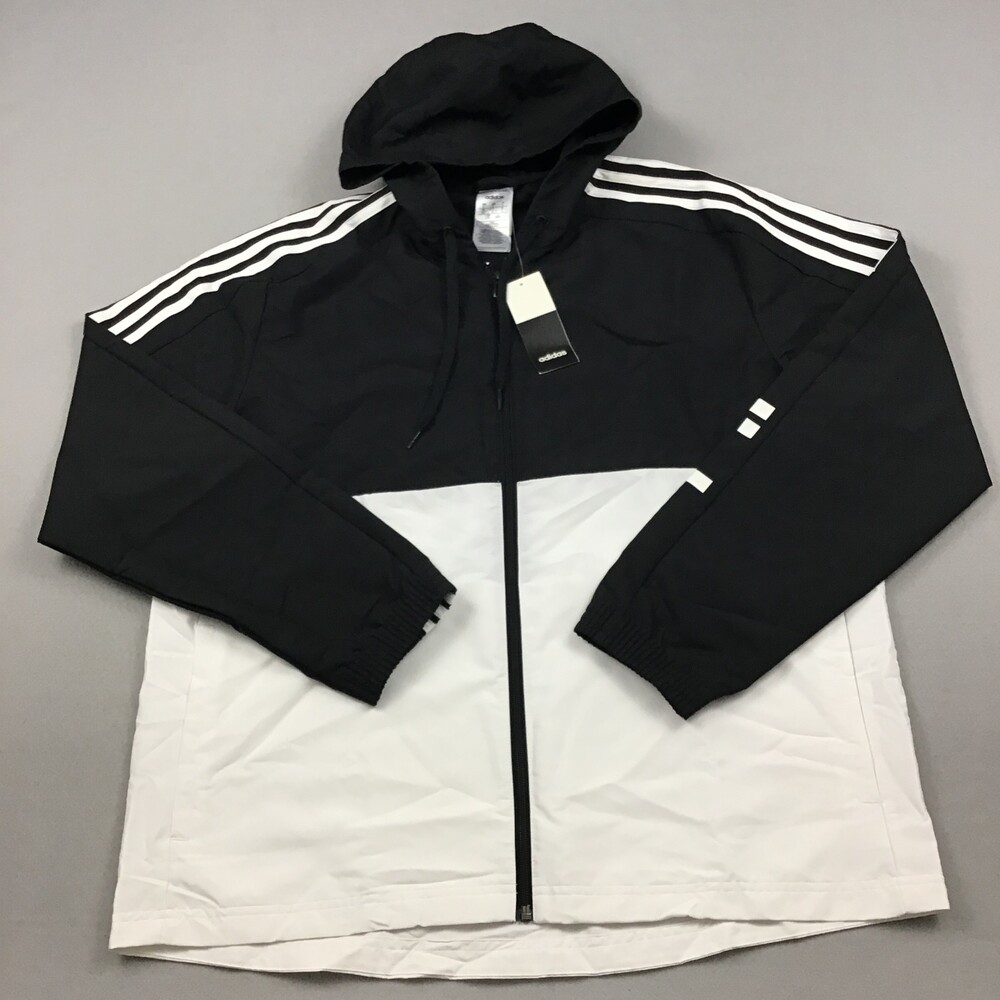 Adidas Jacket Men Large Black White Colorblock Full Zip Hood Pockets Training L